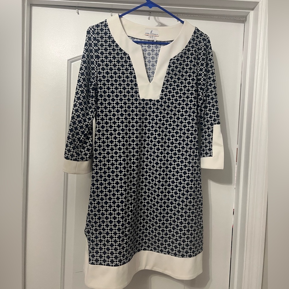 Jude Connally Blue and White Geometric Patterned Dress size L